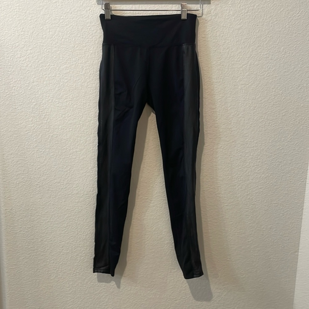 Athleta‎ Black Leggings with leather look stripe  Size XS